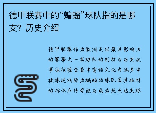 德甲联赛中的“蝙蝠”球队指的是哪支？历史介绍