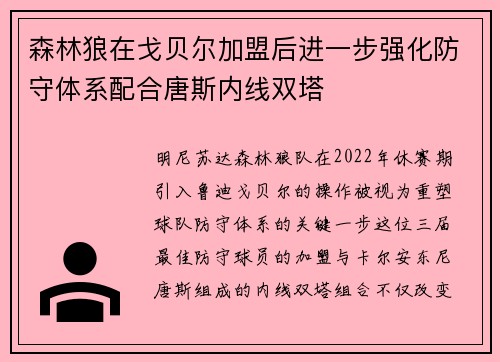 森林狼在戈贝尔加盟后进一步强化防守体系配合唐斯内线双塔